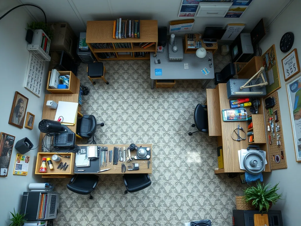 Hobby room layout with crafting desk and storage units
